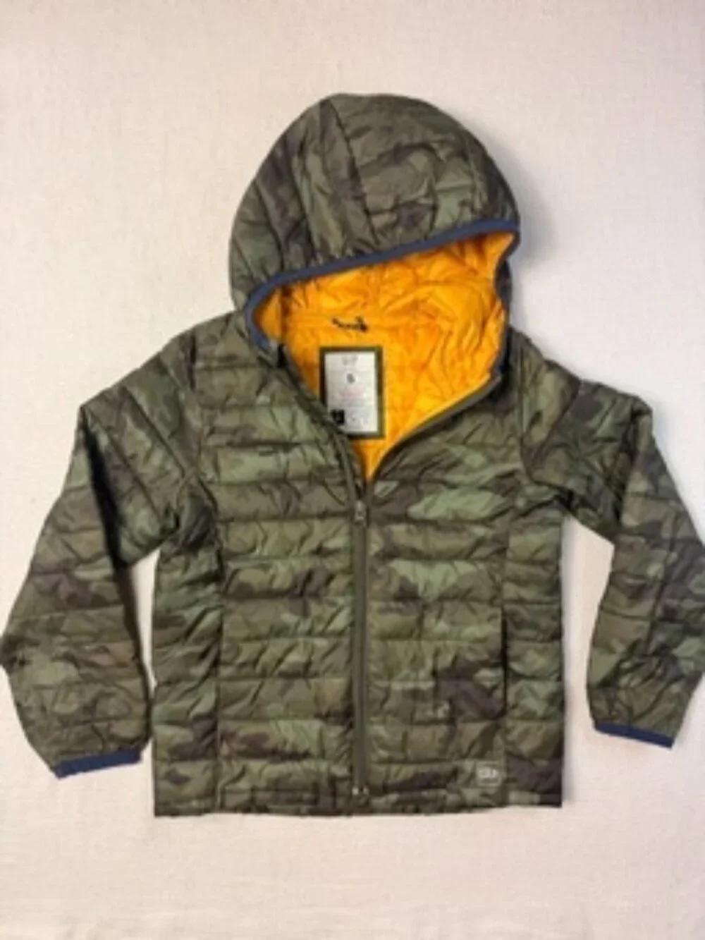 Gap Kids Camo Lightweight Puffer Jacket Hooded Green Yellow Size S 6-7